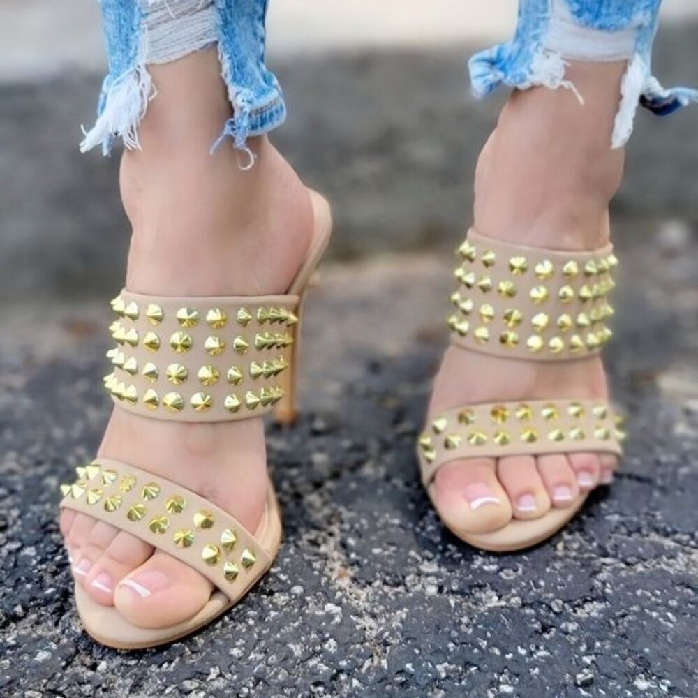 Taupe Stiletto Heel Sandals Double Band Gold Studs Pull-On Shoes - Picture 3 of 5